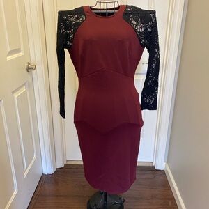 Elegant Burgundy and Black Lace Dress, size 10